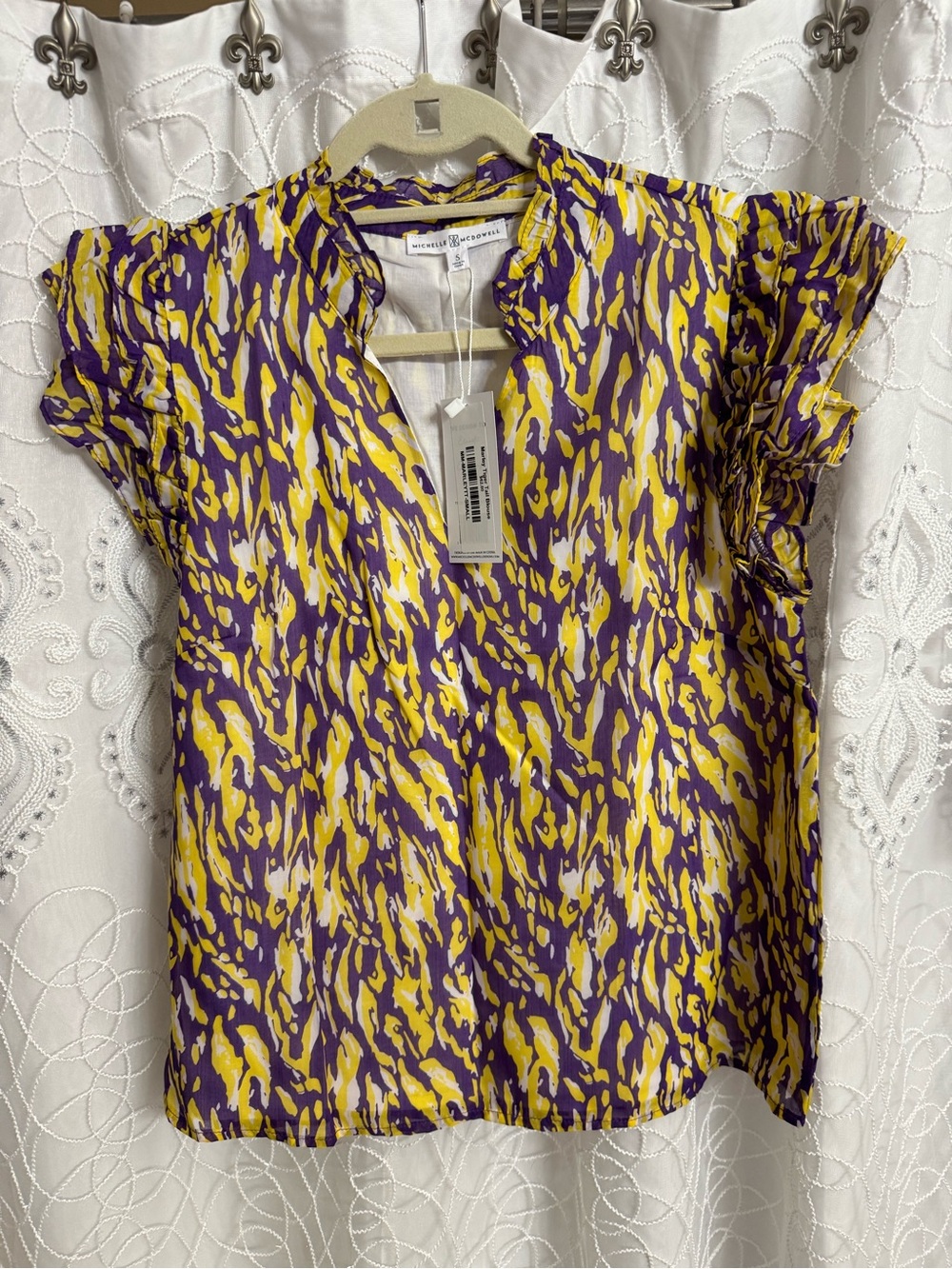 Worthington Purple & Yellow Abstract Cap-Sleeve Blouse
